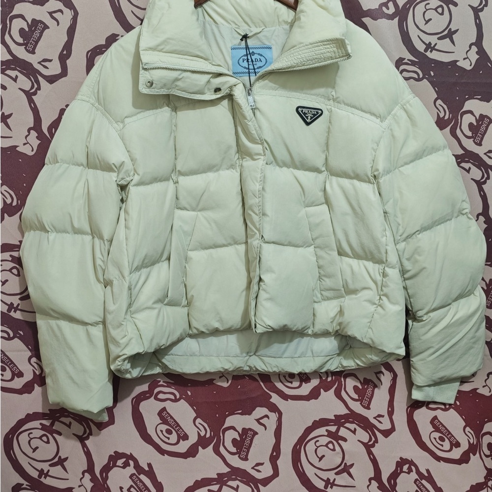 Prada Cream Quilted Puffer Jacket with Logo Patch